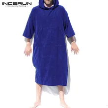 INCERUN/модные мужские халаты, однотонные, с коротким рукавом и карманами, быстросохнущие, балахон с капюшоном, пижамы, пляжные, мужские полотенца, банный халат, домашняя одежда