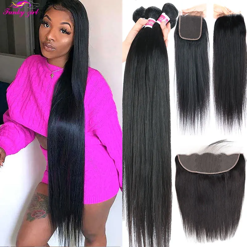PROD 1005002562496143 Peruvian Hair Weave Bundles With Frontal Funky
Girl Hair 30inch Straight Remy Human Hair 13x4 Lace Frontal Closure
with Bundles