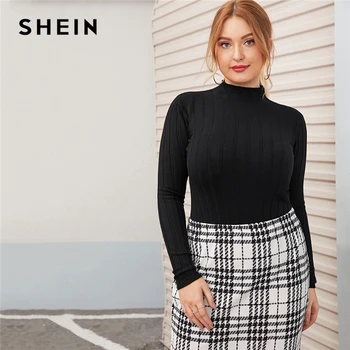 

SHEIN Plus Size Black Funnel Neck Slim Solid Sweater Pullover Women Autumn Basic Fitted Solid Ladies Casual Jumper Sweaters