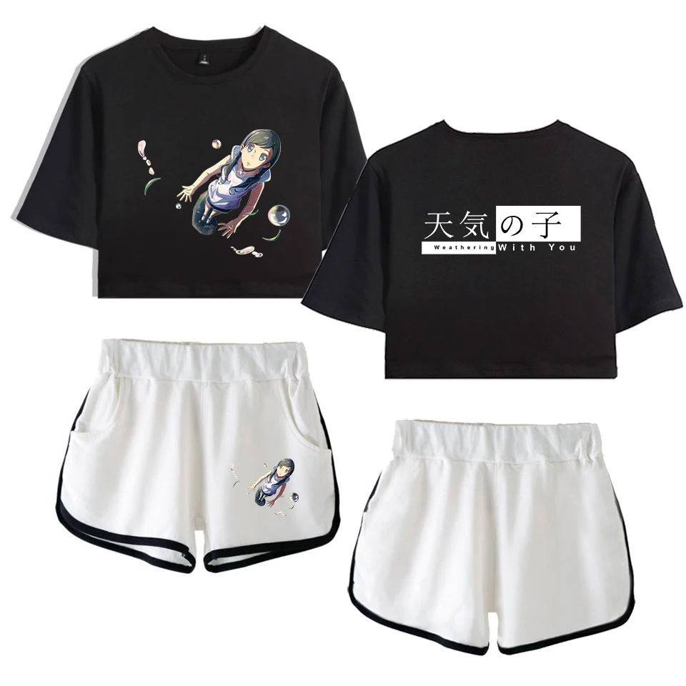 Son of the weather 2019 two piece sets pokemon cartoon streetwear summer gym casual fashion navel tshirt+ shorts set