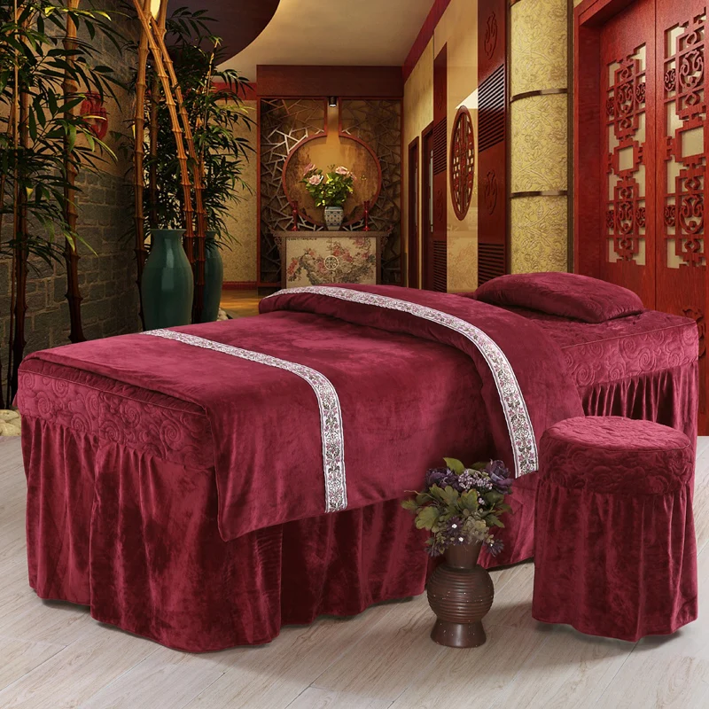 Beauty bedspread four piece set of crystal Plush thickened warm coral plush velvet autumn and winter massage beauty salon bedspr