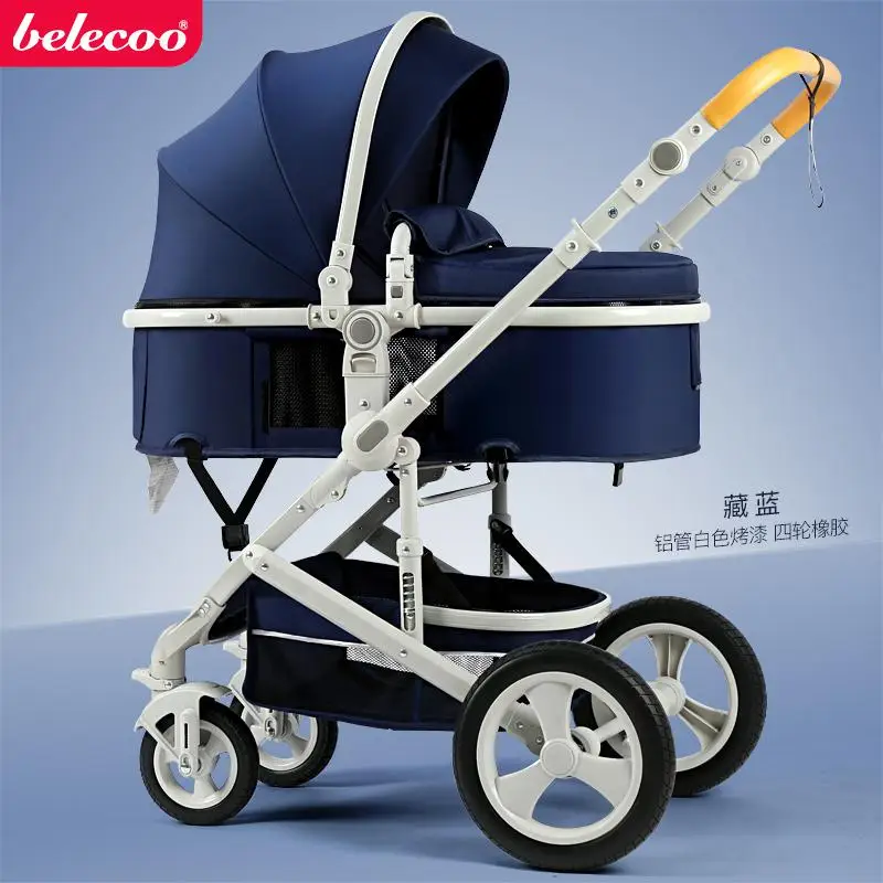 Belleco/детская коляска с высоким пейзажем, может лежать, складывается, двусторонняя, четырехколесная, амортизирующая, детская, ручная, пуш-ап - Цвет: blue1