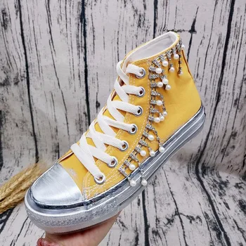 

2019 Hand-stitched Beaded Aqua Canvas for Ladies Flat Bottom with Pearl Rhinestone Floral Sequin Lace for Used Sneakers T3-18