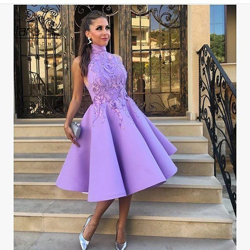 LSYX Purple High Neck Homecoming Dresses 2024 Sleeveless Lace Appliques Evening Dresse Satin Knee-Length A-line Party Prom Gown
