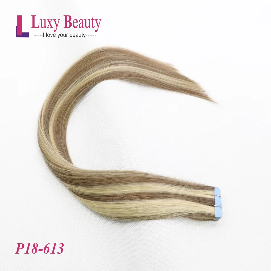 # P18/613 LuxyBeauty Tape In Remy Наращивание волос Человеческие волосы 1"- 22" 20/30шт. Прямые двухсторонние уток для волос с кожей на клеях - Цвет: # P18/613