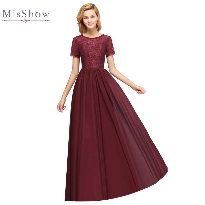 

Lon Burgundy Chiffon Lace Bridesmaid Dresses 2020 Sleeved Wedding Party Gown For Women Elegant Guest Maid Of Honor Robe Custom