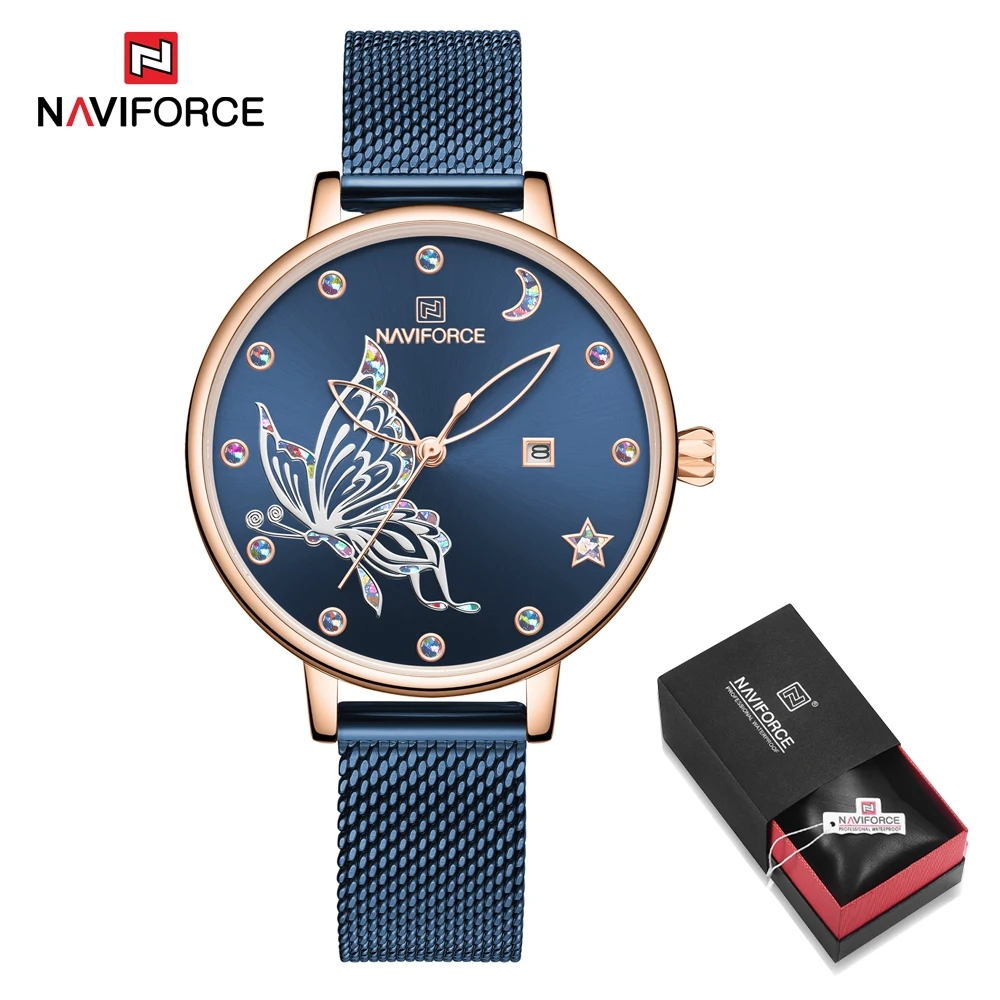 NAVIFORCE, новинка, женские часы из розового золота, кварцевые часы для девушек, Лидирующий бренд, роскошные женские часы, женские часы, Relogio Feminino - Цвет: Blue in Box