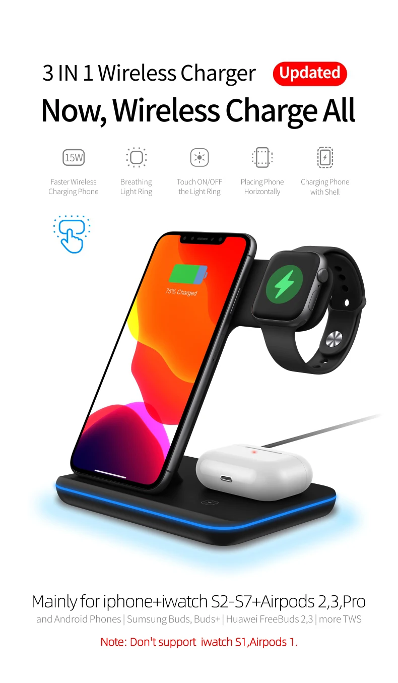 3 in 1 Wireless Charger Stand 15W Qi Fast Charging Dock Station for Apple Watch iWatch 7 AirPods Pro For iPhone 13 12 XS 8 Plus samsung wireless charger