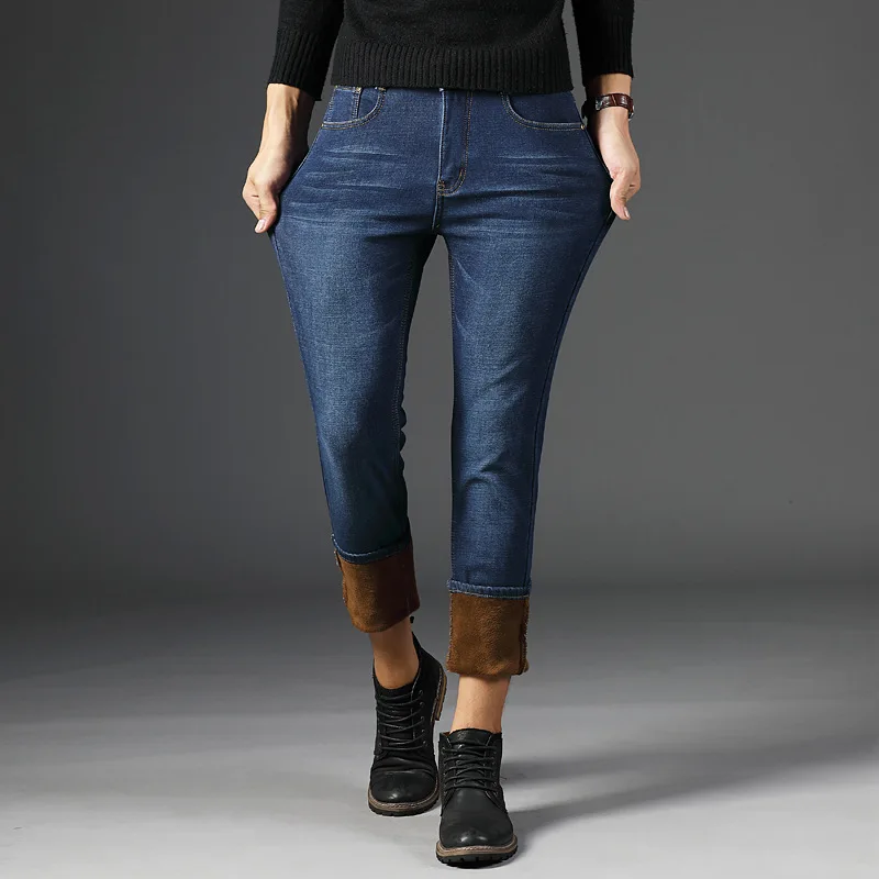 Теплые джинсы черного цвета, флисовые осенне-зимние джинсы, теплые флокированные джинсы, деловые повседневные Стрейчевые узкие джинсы, классические брюки