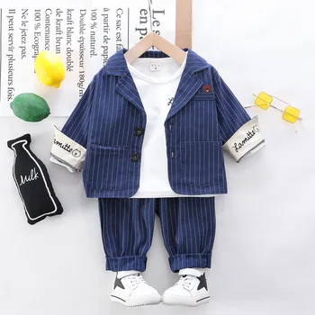 

HYLKIDHUOSE 2020 Spring Baby Boys Clothing Sets Gentleman Style Bear Stripe Coats T Shirt Pants Toddler Infant Children Clothes