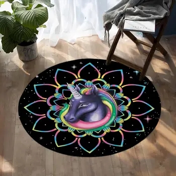 

Colorful Unicorn Round Rug for Living Room Carpet Non-Slip Kids Playing Area Rug Modern Bedroom Decor Carpet Portable Prayer Mat