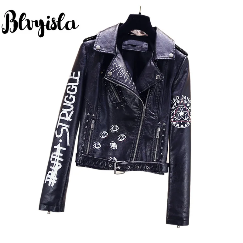 Blvyisla тонкий черный из искусственной кожи СТИМ панк заклепки Epaulette короткая куртка пальто для женщин потрясающий принт красивый мотоцикл одежда