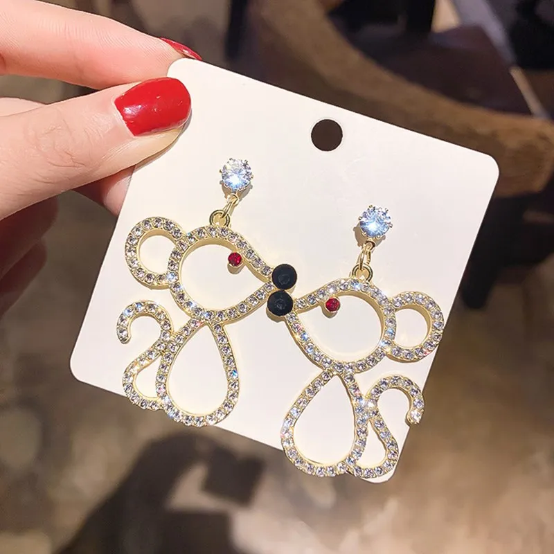 Серьги с кристаллами циркония и мышкой женские креативные золотые серьги крысой