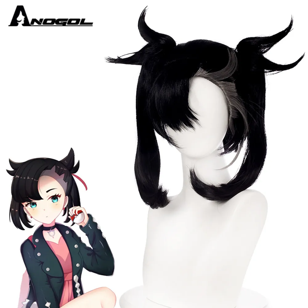 

ANOGOL Pokémon Marnie High Temperature Fiber Short Black Synthetic Wig with Bangs Double Braid for Halloween Costume Party