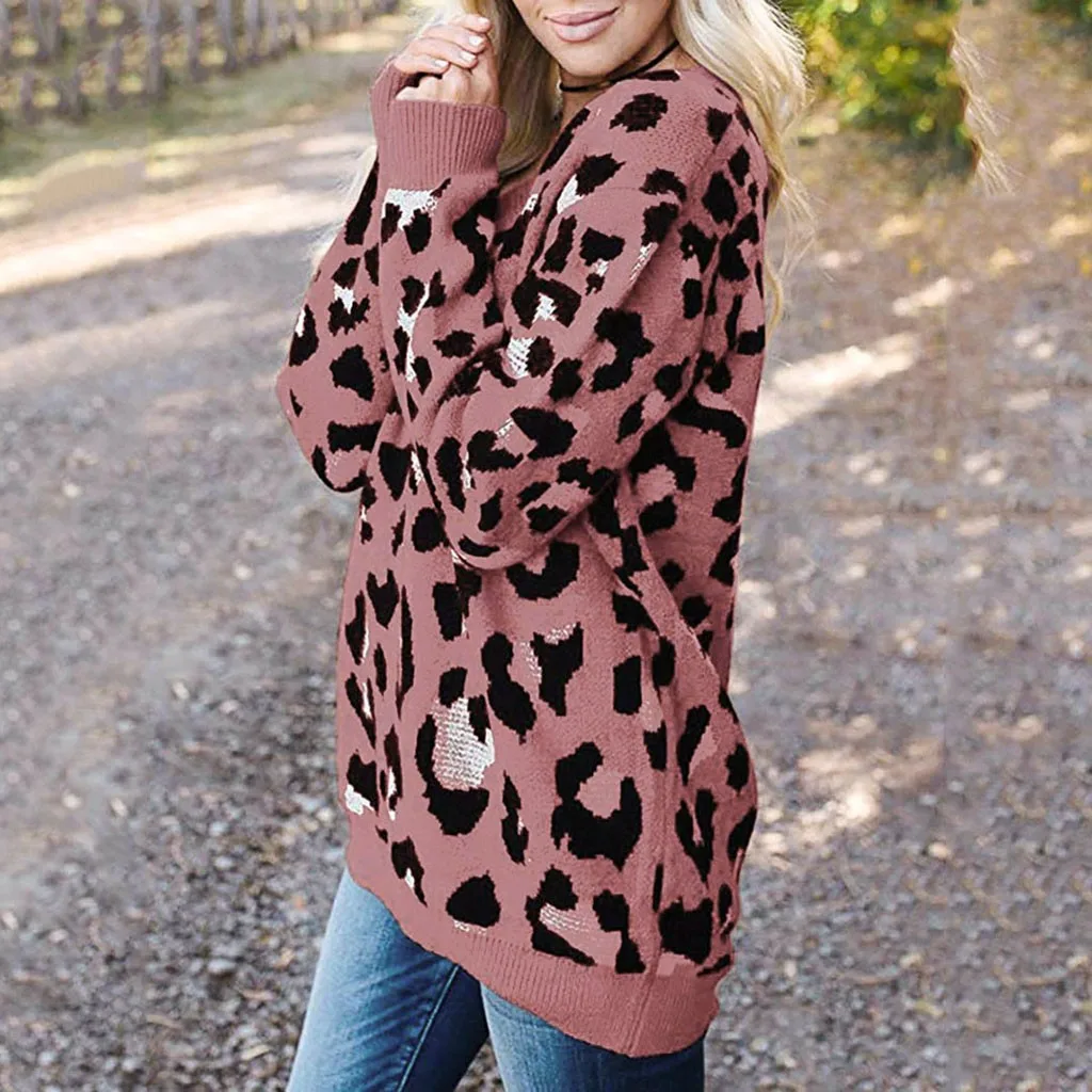 Jaycosin Fashion Casual Lady Leopard Sweater Chic Stylish Comfortable Soft Elegant Loose V-Neck Fit Tops Blouse sweater