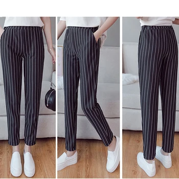 

Vertical Striped Skinny Pants Women Elastic Waist OL Style Work Trousers 2019 Autumn High Waist Ankle-length Pencil Pants