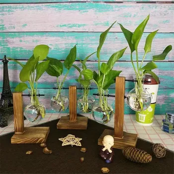 

L / T Shape Tray Hydroponic Desktop Plant Vase Vintage Glass Bonsai Flower Pot Tabletop Decoration Vase with Wooden Home Decor