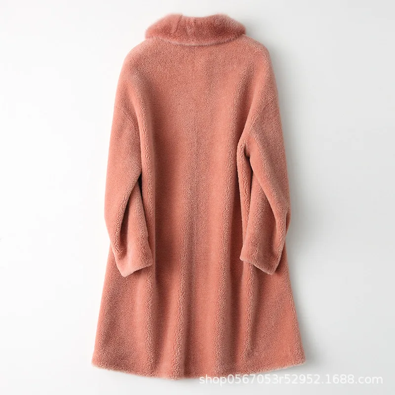 

2020 Autumn Winter Real Fur Coat Women Mink Fur Collar Korean Sheep Shearing Wool Jacket long fur coats 868672 KJ2583