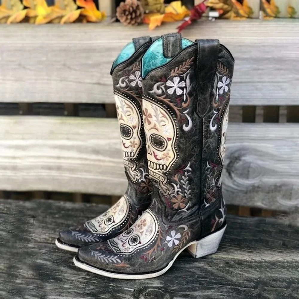 Botas de media caña con bordado étnico para mujer, zapatos de tacón grueso,  estilo Chelsea occidental, vaquero, 34 43 talla grande, A01|Botas a media  pantorrilla| - AliExpress