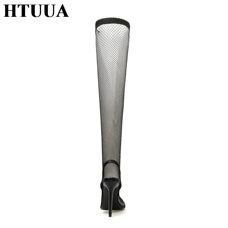 HTUUA/2019 г.; пикантные сетчатые ботфорты; женская летняя обувь; женские прозрачные босоножки из ПВХ на тонком высоком каблуке с острым носком;