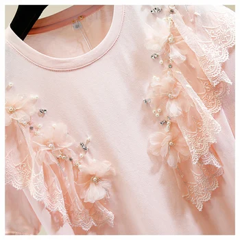 

Tshirt for Women Diamond Set Frilled Lace Joint Handmade Beading Stereo Flower Short Sleeve T-shirt Girl Lady's T-shirt Tees Top