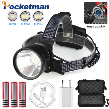 

Ultra Bright USB Rechargeable LED headlamp xhp90.2 powerful Headlight XHP70 IPX6 Water Resistant fishing head lamp led Camping