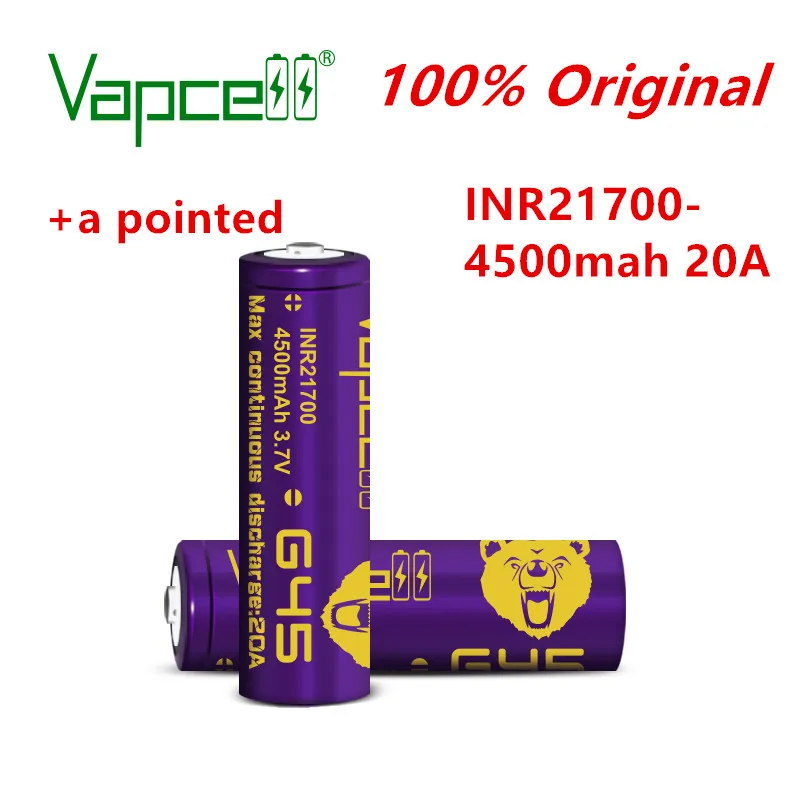 Оригинальный перезаряжаемый литий ионный аккумулятор Vapcell INR 21700 4500 мАч 20A G45 с