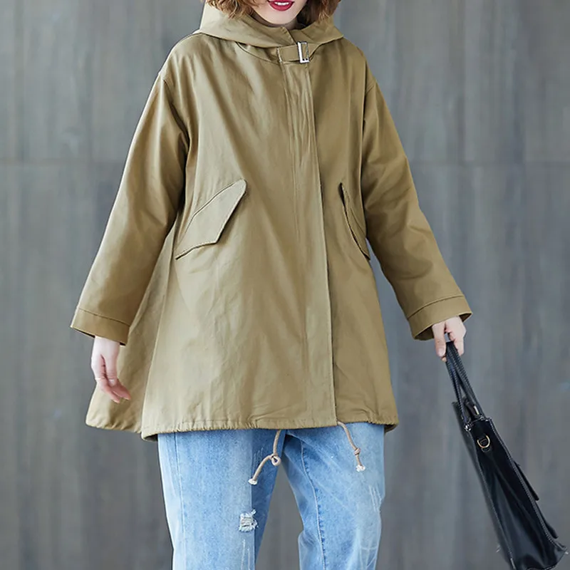 Autumn Winter New Large Size Loose Thin Solid color Hooded Jacket Women Long Windbreaker Female Outerwear v1096