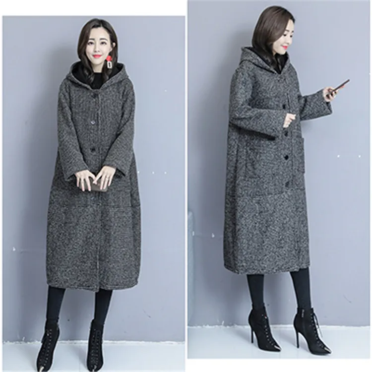 Осень Зима Плюс Размер Женская шерстяная куртка Корейская свободная Длинная плюс бархатная Толстая куртка с капюшоном искусственная шерсть пальто женское пальто
