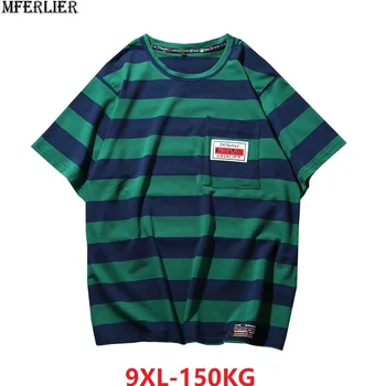 

men summer striped tshirt men short sleeve tees plus size 8XL 9XL cotton oversize t-shirt fashion loose tops green 58 60 62 64