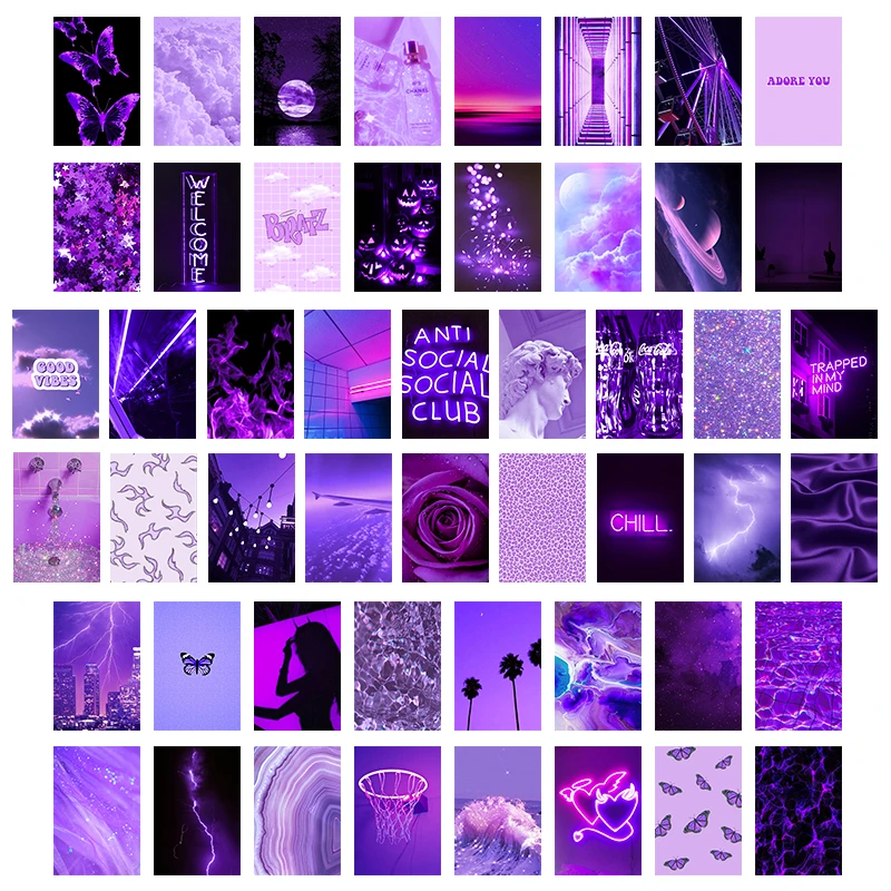 50pcs purple aesthetic collage picture wall set neon collages print kit warm color bedroom living room decoration for girls boys sticker aliexpress