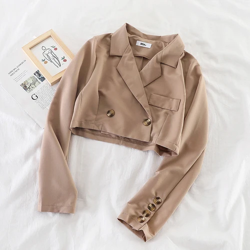 pink long sleeve Куртка короткая шикарная симпатичный крутой Высокая талия Ins супер горячий свободный маленький костюм тканая ткань однотонный воротник - Цвет: pink long sleeve