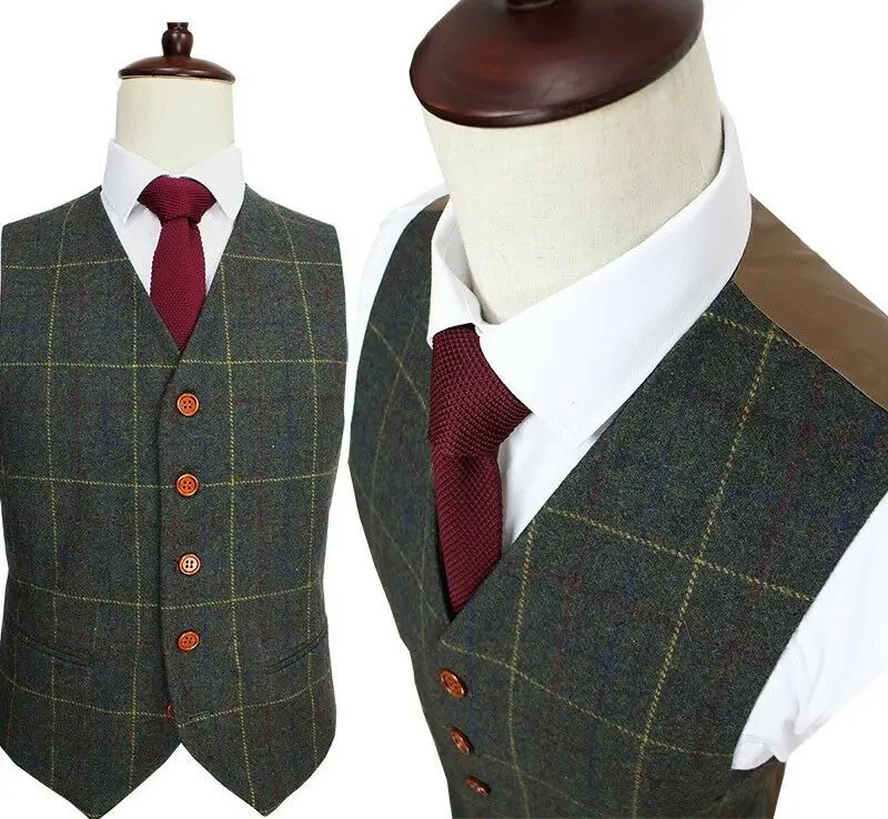 Wool Blend Ckeck Tweed Men Wedding Suit Groom Tuxedo Suit Blazers Retro Tailor