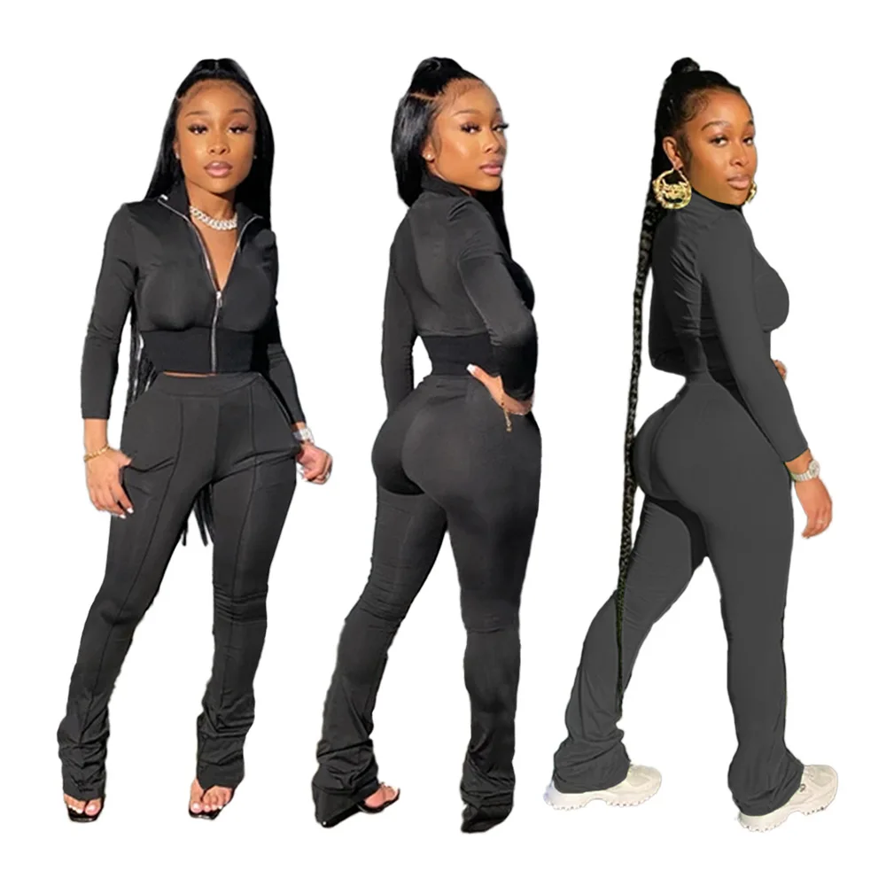 

New Arrival Autumn Women Suit Hot Style Solid-color Long-sleeves Zipper Hoodie & Stacked Leggings All-matching 2 Piece Set