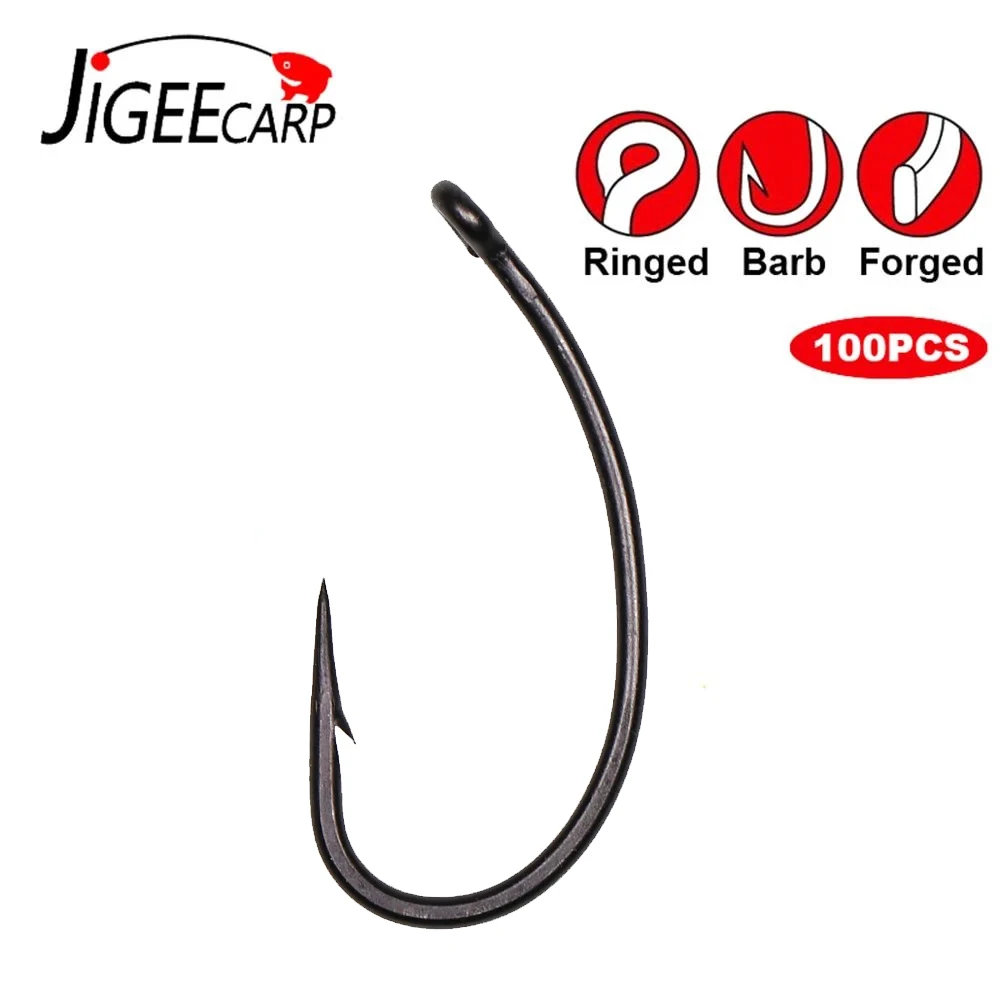 JIGEECARP 100PCS Carp Fishing Hooks Matt Black Needle Point Hair Rig