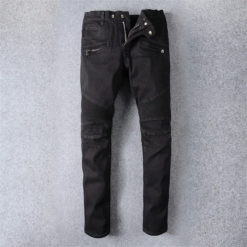 Mens Distressed Ribbed jeans Stretch Moto Pants Black Biker denim pants ...