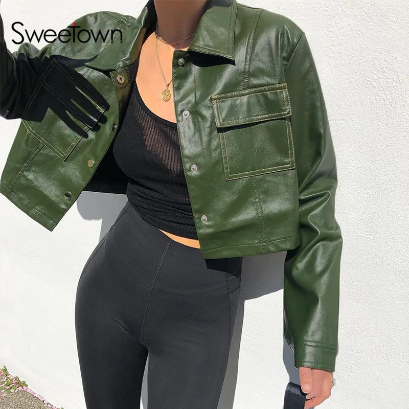 Very best  Sweetown Bomber Leather Jackets Long Sleeve Women Coats Pocket Short Outerwear Fashion 2019 Autumn 
