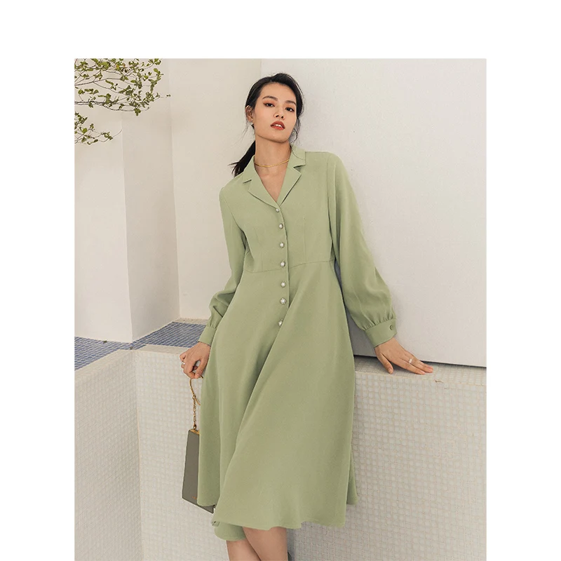 

2020 Spring long sleeve Literary Retro Office Minimalist A Line Beaded Buttons Design Mid Waist Women Knee Length Dress