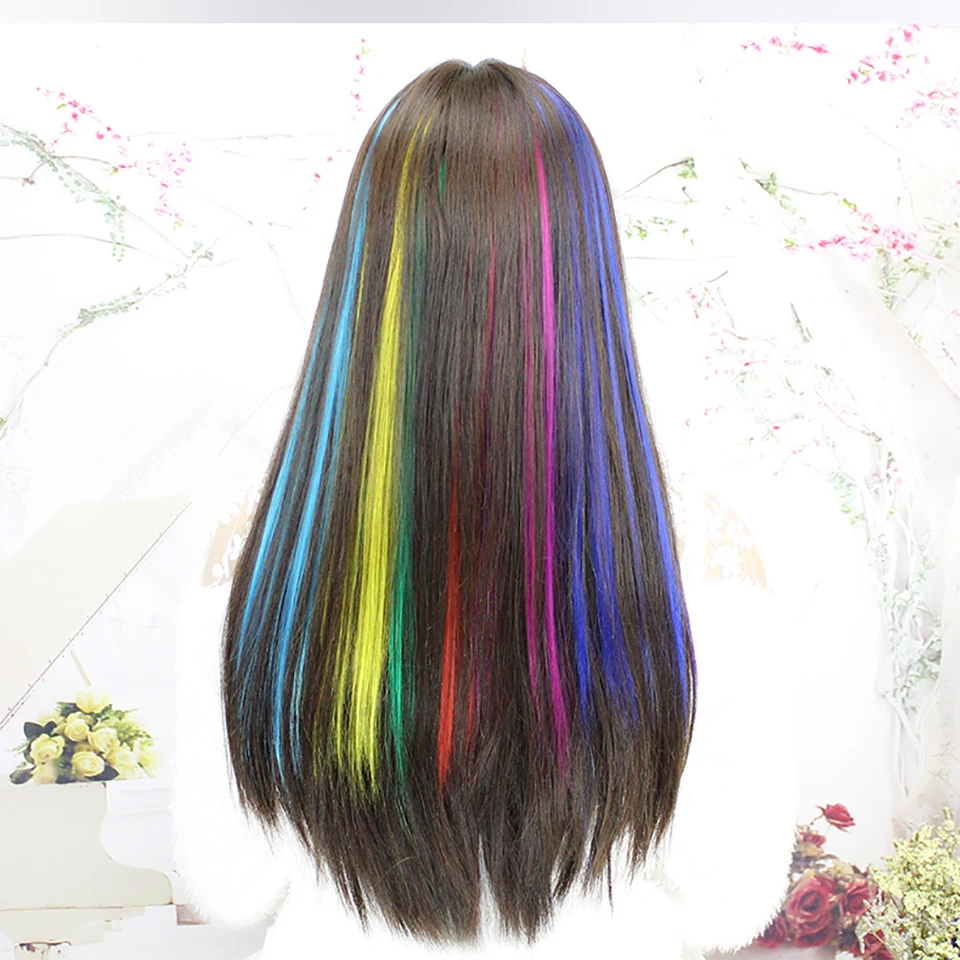 2" Радуга цвета клип в одной части волосы для наращивания прямые Длинные Синтетические термостойкие волосы шт зажим Ins фиолетовый красный