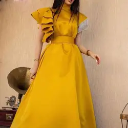 New Arrival Satin A Line Prom Dresses High Collar Tassel Ruffles Arabic Dubai Formal Party Gowns Length Cocktail Dress