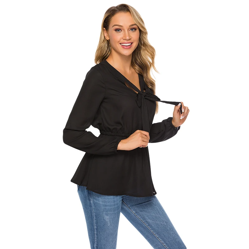 Women Chiffon Blouse Fashion Lace Up Womens Tops And Blouses Casual Long Sleeve Tops Elegant Solid Color Women Blouses