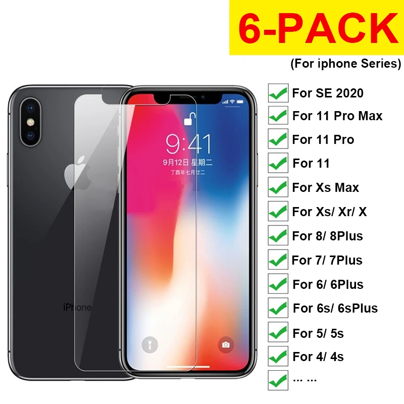 6 шт Закаленное стекло протектор экрана для Iphone X Xs 11 Pro Max Xr 7 8 Plus SE 2020 Защитная