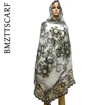 

New african scarfs ,2019 Muslim embroidery women big net scarf ,net scarf soft scarf Size 210*110cm for Shawls Wraps