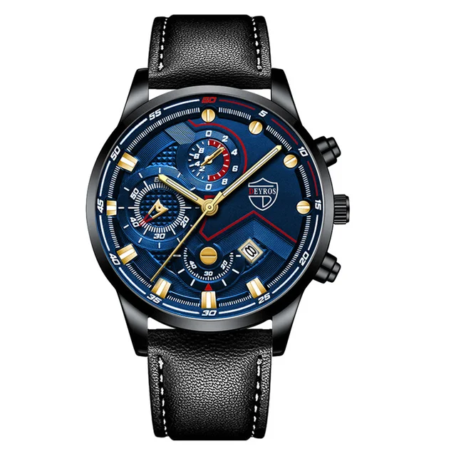 часы мужские Luxury Mens Quartz Stainless Steel Mesh Belt Casual Watches Men Leather Business Date Luminous Watch reloj hombre Leather Black Blue