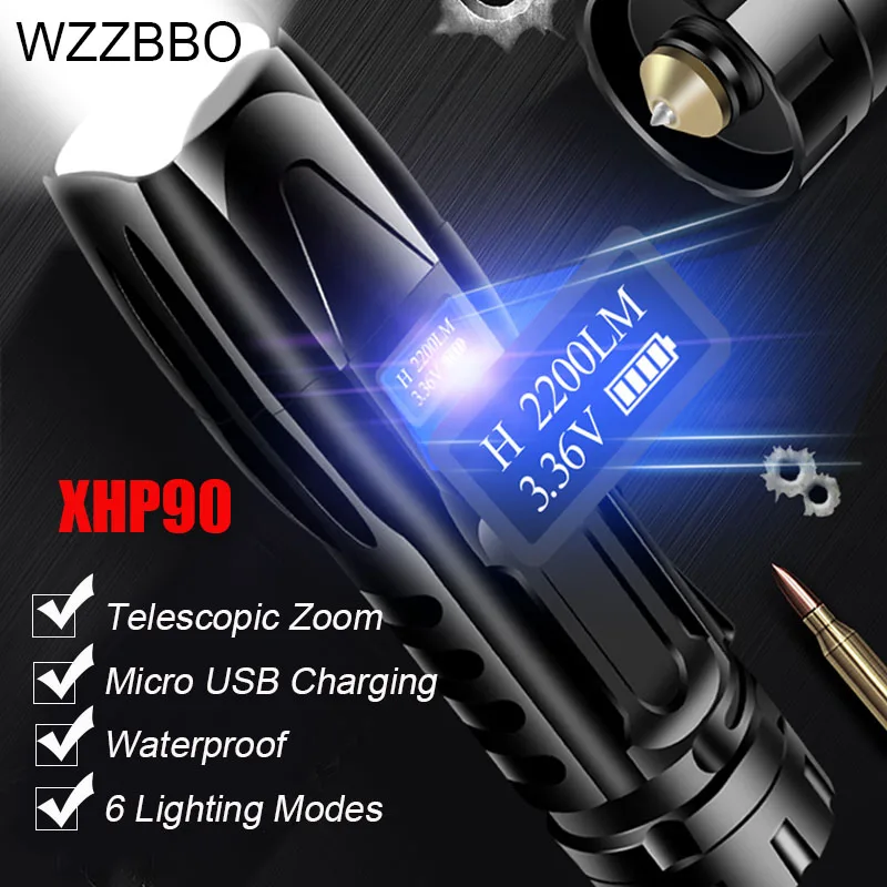 

100000 lumens Powerful LED Flashlight XHP 90 flashlight rechargeable with USB charing 26650 battery self defense camping