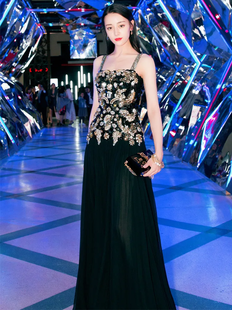 

Luxury Designer Brand Dress for Women Fashion Sexy Spaghetti Strap Beading Diamante Long Party Formal Dress