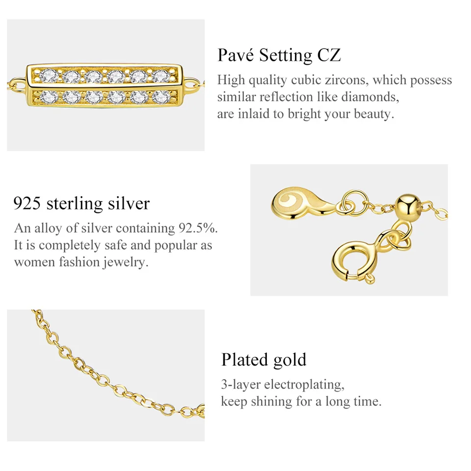 VOROCO Real 925 Sterling Silver Bracelet Golden Geometric Square Chain Bracelets for Women Lobster Lock Luxury Wedding BNB036