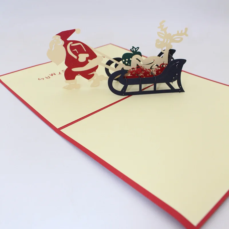 New Style Christmas Holiday Creative 3D Card Paper Cutting Handmade Export Foreign Trade Santa Claus Barrow