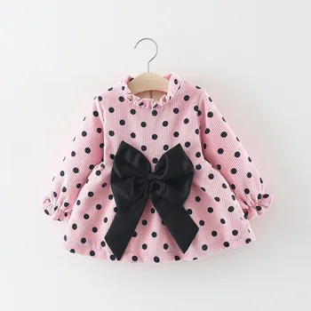 

pretty girls autumn winter long sleeve dot bow dresses kids baby casual thicken clothing girls knee length warm dress 6M-3Y
