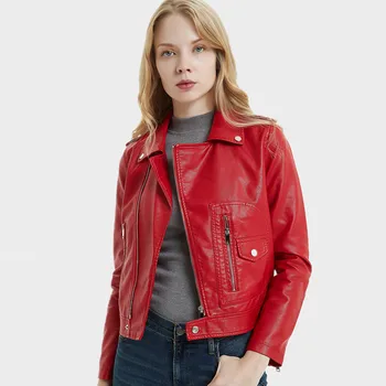 

Women Short Motorcycle PU Leather Jacket faux leather coat Turn-down Collar